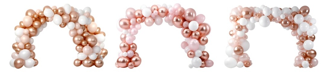 Set of pastel rose gold white glam balloon party garland arch gate entrance on transparent cutout PNG file. Mockup template for artwork design