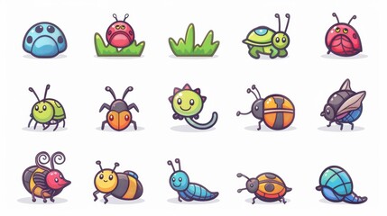 Wall Mural - A cute cartoon insect set line. Ladybug, ladybird, bee, dragonfly, butterfly, caterpillar, spider, cockroach, snail. White background isolated on white.