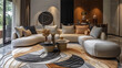 © visoot - A modern sitting room with a very large bold pattern rug in beige, taupe, grey and black. The furniture is modern with hints of rattan. luxurious modern rug. Generative AI.