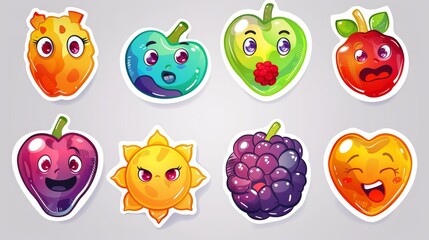 Poster - A sticker pack of funny cartoon characters: a comic heart, a sun, a planet, berries, abstract faces, etc.