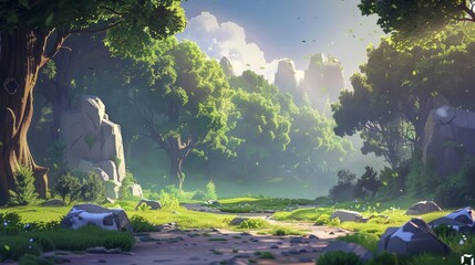 Wall Mural - Video Game Digital CG Background Background. Fantasy Backdrop. Concept Art. Realistic Illustration. Nature Scenery.