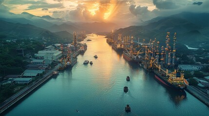 Fototapete - A sprawling industrial port in a verdant mountainous region during the golden hour. is bustling. Aerial high view. Generative AI.