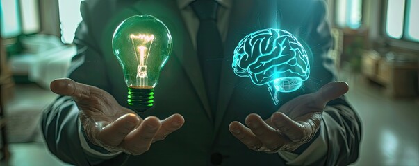 Wall Mural - A businessman holding two symbols, one of an green man with lightbulb above head and the other is blue digital brain. The background has soft lighting to highlight their features