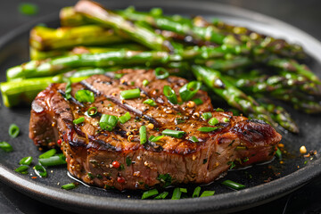 Wall Mural - Giraffe steak and asparagus on a plate with a fork