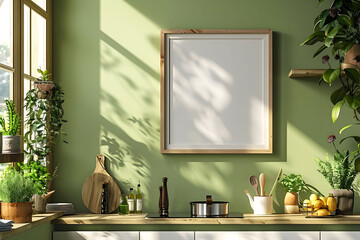 A picture frame hanging on the wall above a kitchen counter