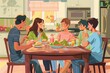 © JKIU - An family gathered around a dining table, sharing a meal with smiles and conversation, with a warm, inviting kitchen in the background