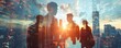 © Kashif Ali 72 - A double exposure of business people standing in front with a cityscape and skyscrapers in the background, conveying the concept of corporate success through collaboration