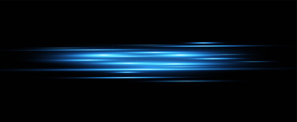 Neon blue horizontal speed lines. Glowing stripes. Laser beams. light lines of movement and speed in neon color.Beautiful flash of light and sparks.	