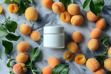 Wall Mural - Many apricots and leaves surrounding a jar of cream