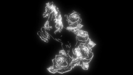 Poster - white silhouette of White Horse with rose on black background