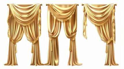 Wall Mural - Set of gold curtains for a stage or movie screen, isolated on a white background, for an opera or comedy show interior.
