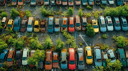 Wall Mural - A row of yellow cars are parked in a field of weeds