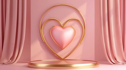 Sticker - Modern image of an elegant luxury pink and gold empty heart shaped podium scene for valentines day product display presentations