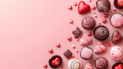 Flat lay top view banner modern template with Valentine's day sweets, desserts, and chocolate illustration