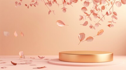 Poster - Beautiful empty gold pastel podium scene mockup with falling eucalyptus leaves. 3D realistic modern scene.