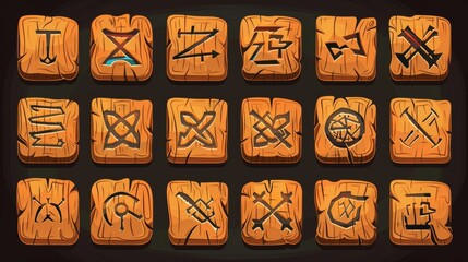 Nordic ancient alphabet, viking celtic futark symbols engraved on wooden pieces. Esoteric occult signs, mystic user interface and GUI elements, isolated cartoon modern illustration.