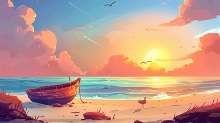 Landscape of a sand beach and wooden boat at sunset in modern parallax. Background illustration of an ocean with a sand shore, boat on water, sun, clouds, and birds.