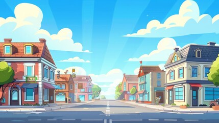 Canvas Print - Animated modern background of a road to the city with office buildings, shops, and houses. Modern urban landscape with empty streets and buildings.