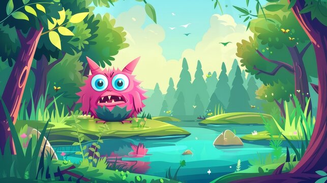 Fantastic modern illustration of magic woods landscape with lake and fantasy pink alien animal with forked tongue and large eyes.