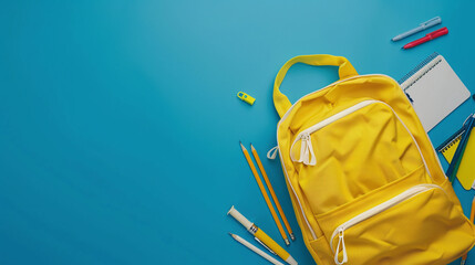 Backpack with school supplies. Top view. Copy space with blue background