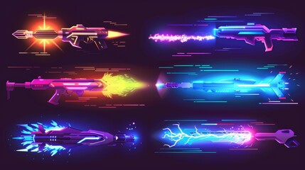 Wall Mural - VFX gun effect, laser beams, rays, explosion. Raygun futuristic alien weapon boom. Colorful energy phaser lightnings, Cartoon modern illustration.