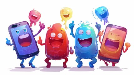 Wall Mural - Various poses of cute smartphone character. Modern cartoon set of gadgets with thumbs up, stock market graph, full battery charge, and a laugh.