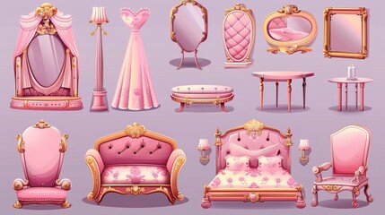 Wall Mural - An isolated cartoon modern set of pink bedroom furniture with a floral pattern. This set includes a romantic vintage bed with canopy, a floor and ceiling lamp, a mirror, a table and an armchair. This