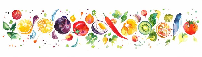 A variety of fresh and organic vegetables and fruit in a colorful watercolor style.