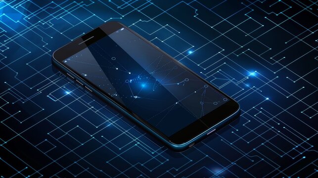 An isometric modern illustration shows a black smart phone lying on a smooth dark blue surface or table. A new shiny mobile cellphone reflects the screen in a perspective view.
