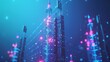 © Антон Сальников - The city broadband network technology concept shows the white high speed mobile Internet transmission towers transmitting abstract communication signals. The telecommunication infrastructure is