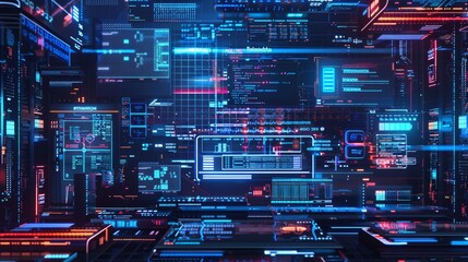 Technology business programming and coding app. Word development on laptop screens, tablet screens, and mobile devices. Abstract cross-platform computer program concept.