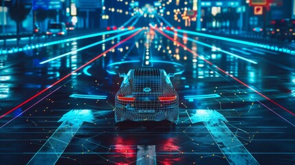 An autonomous car on the road communicating wirelessly with smart city infrastructure. An automated car crossing a pedestrian crossing in the future. Future concept of self-driving or driverless