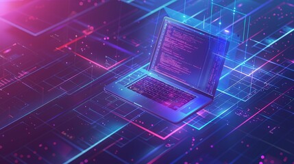 Isometric conceptual illustration of a laptop screen with code hanging over icons for coding apps, software development, and web application development.