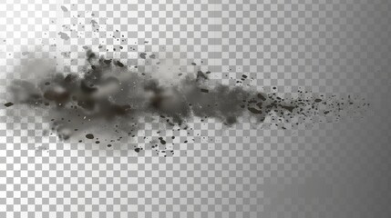 Wall Mural - Grey ash powder explosion over transparent background. Smoke cloud overlay effect using isolated moderns. Toxic air spray explodes with particle splatters. Realistic dirty texture stream collection.