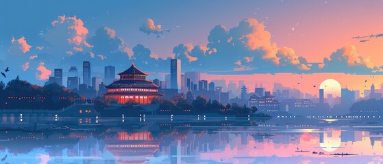 Wall Mural - Serene Sunset Over Asian City Illustration