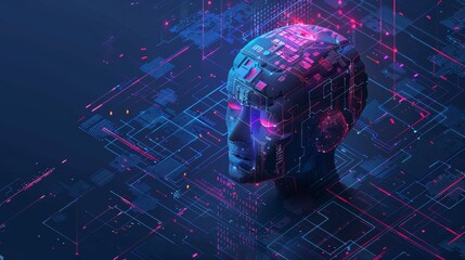 Poster - A robot or cyborg head image with artificial intelligence. Artificial intelligence technology using isometric concepts. Communication between cybernetic brains and networks. Data analysis using AI.