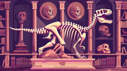 Wall Mural - Isolated illustration of a dinosaur fossil in a museum. Dino stone archaeology exhibit displayed on a pedestal for room interior. Illustration of a Tyrannosaurus rex and other animal skulls from