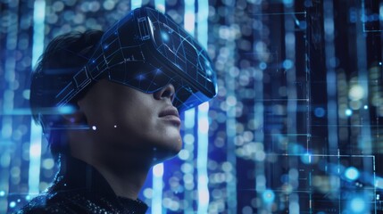 Sticker - Virtual reality or augmented reality world simulation. Man wearing VR headset glasses looks up in cyberspace of metaverse. Computer entertainment.