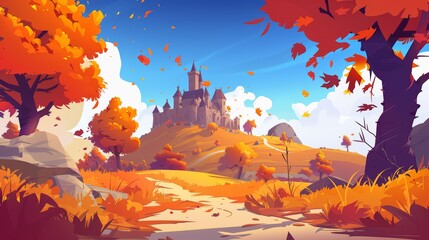 Poster - Autumn cartoon fairytale landscape with castle in meadow near rocky hills. Autumn cartoon modern illustration of medieval palace surrounded by orange trees with falling leaves.
