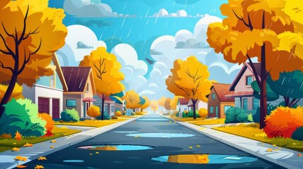 Wall Mural - Modern cartoon illustration of modern housing neighborhood in autumn sunshine with puddles on the street, yellow foliage on trees and bushes, and cloudy skies.