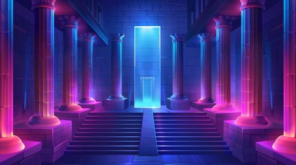 Wall Mural - Egyptian corridor with columns, stairs, and neon glowing magic portal with vortex. Illustration of ancient archeology pharaoh pyramid room interior with pillars.