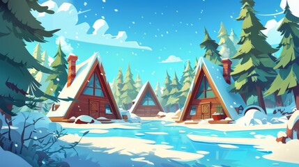 Wall Mural - A cozy snowy cottage among fir trees in a cartoon modern landscape with wood triangular houses for winter woodland camping and recreation.