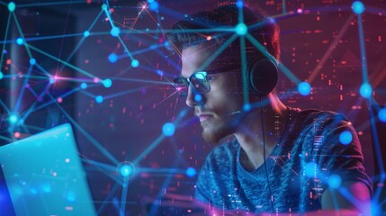 An individual programming on a computer, monitoring the code of a program on a computer screen. Portrait of a man working over a laptop in a dimly lit room with neon lights. Guy with glasses, a