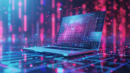 Online webinar concept of technology web development. Laptop with education materials and programming interfaces on screen. Online tutorial for artificial intelligence programming.