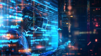 A hacker in a headset coding programm text on a VR interface. Software developer of computer code. Code in a programming environment. Visionary concept of the future. Man wearing glasses with a