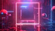 © Антон Сальников - The background for the object is made of red and blue neon lamps in cyberspace with hanging 3D spheres. Abstract tech square border in modern technology style.