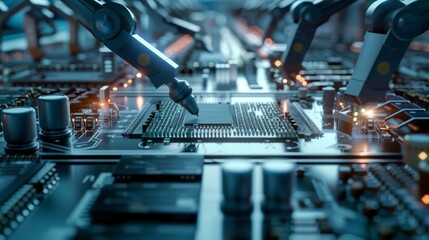 Poster - Automation of manufacturing boards with chips, CPUs, and electronic components using industrial robots or manipulators.