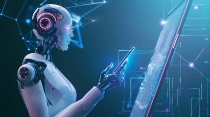 Wall Mural - In this image, a robot woman with artificial intelligence holds up a screen phone for accessing data and information online. Artificial intelligence comes from the screen phone in the form of a woman