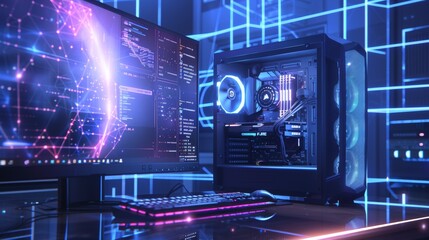 The front view of a gaming computer on a table. A gaming computer with neon leds in front of it. A mock-up of an empty gaming screen of a gaming computer for video games. The workspace.