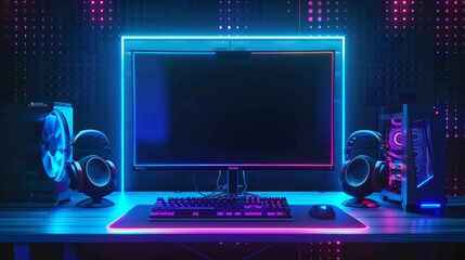 Wall Mural - The case of a powerful gaming PC was illuminated with an empty monitor, keyboard on the desk, and a neon light. Desktop computer with blank screen. A Gamers Rig with RGB lights was used.